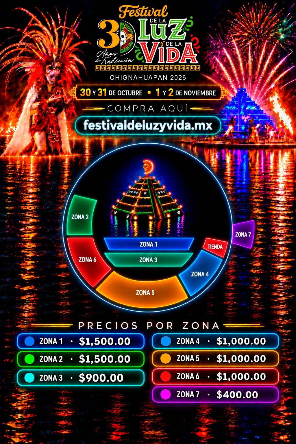 Cartel oficial con mapa y precios por zona del Festival de la Luz y de la Vida 2026